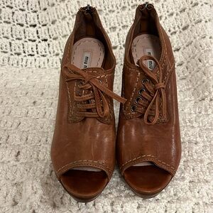 Miu Miu cognac peep toe leather booties